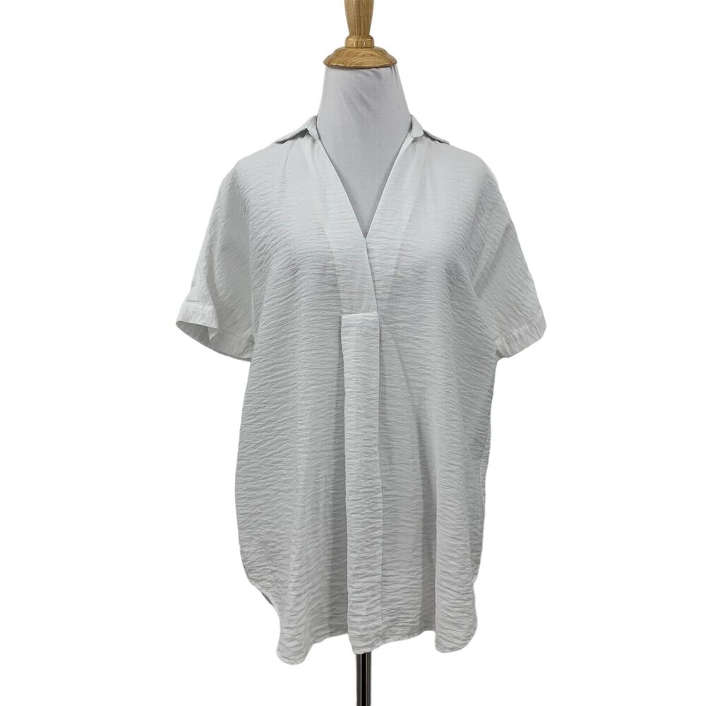 Nic+Zoe Blouse Womens S Small White V Neck Johnny Collar Popover Short Sleeve